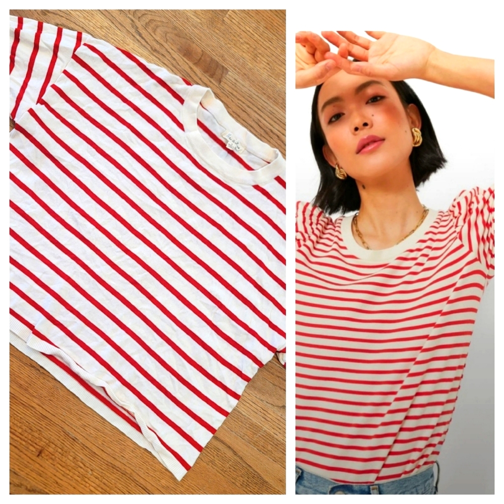 Vine & Love Candy Stripe Red White Short Sleeve Lightweight Sweater Blouse